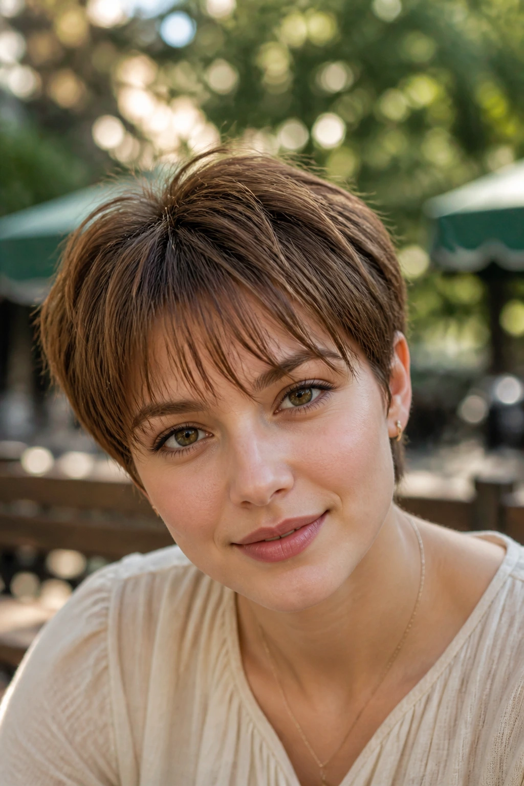Close-up portrait of a real person with airy fringe pixie and movable fringe in daylight