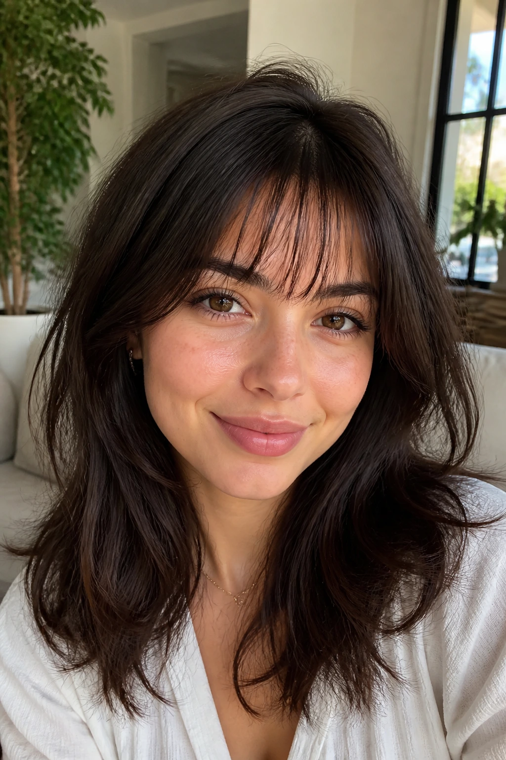Close-up portrait of a real woman with airy fringe for thick hair in a bright living room