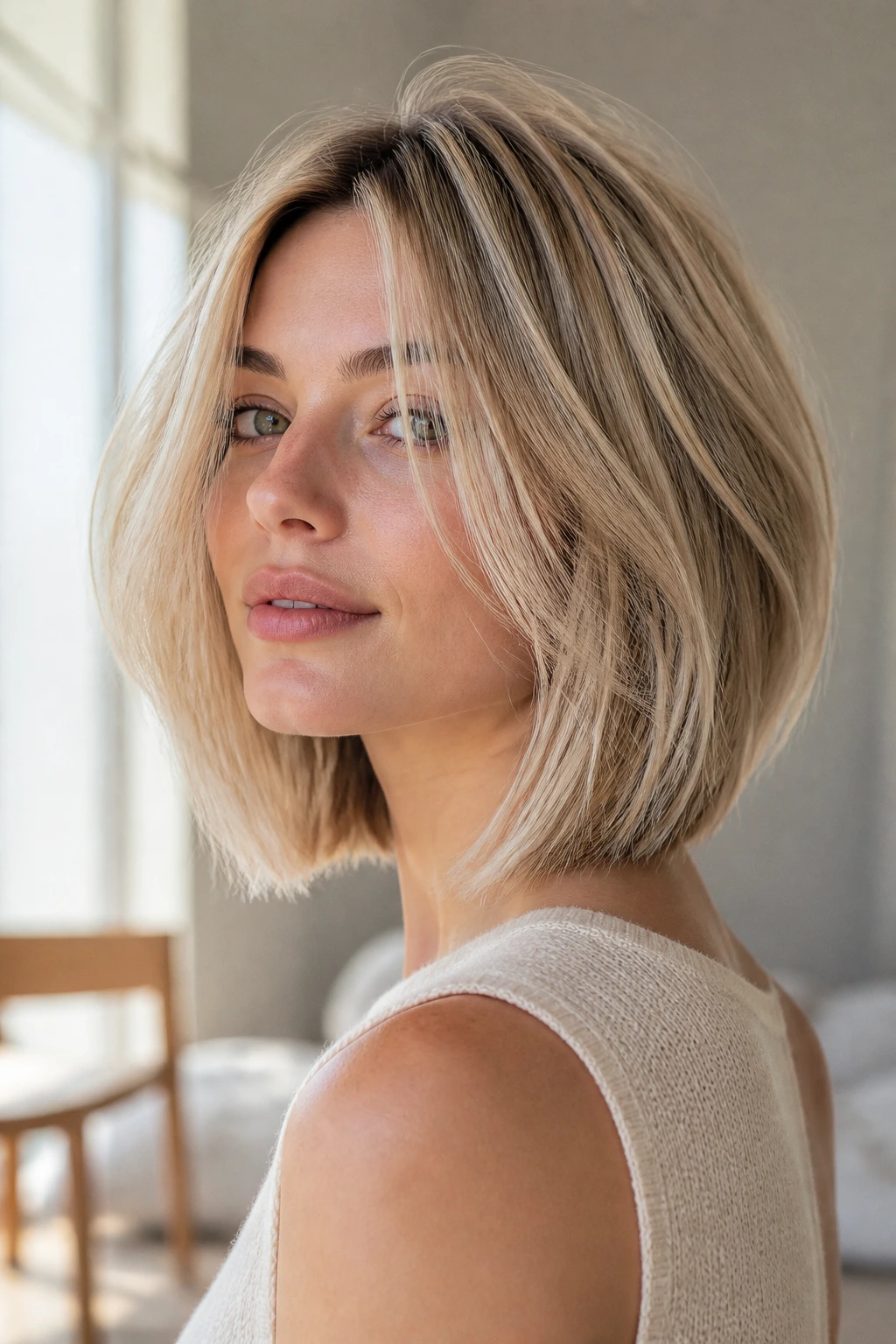 Close-up of a real person with an airy graduated lob for fine hair