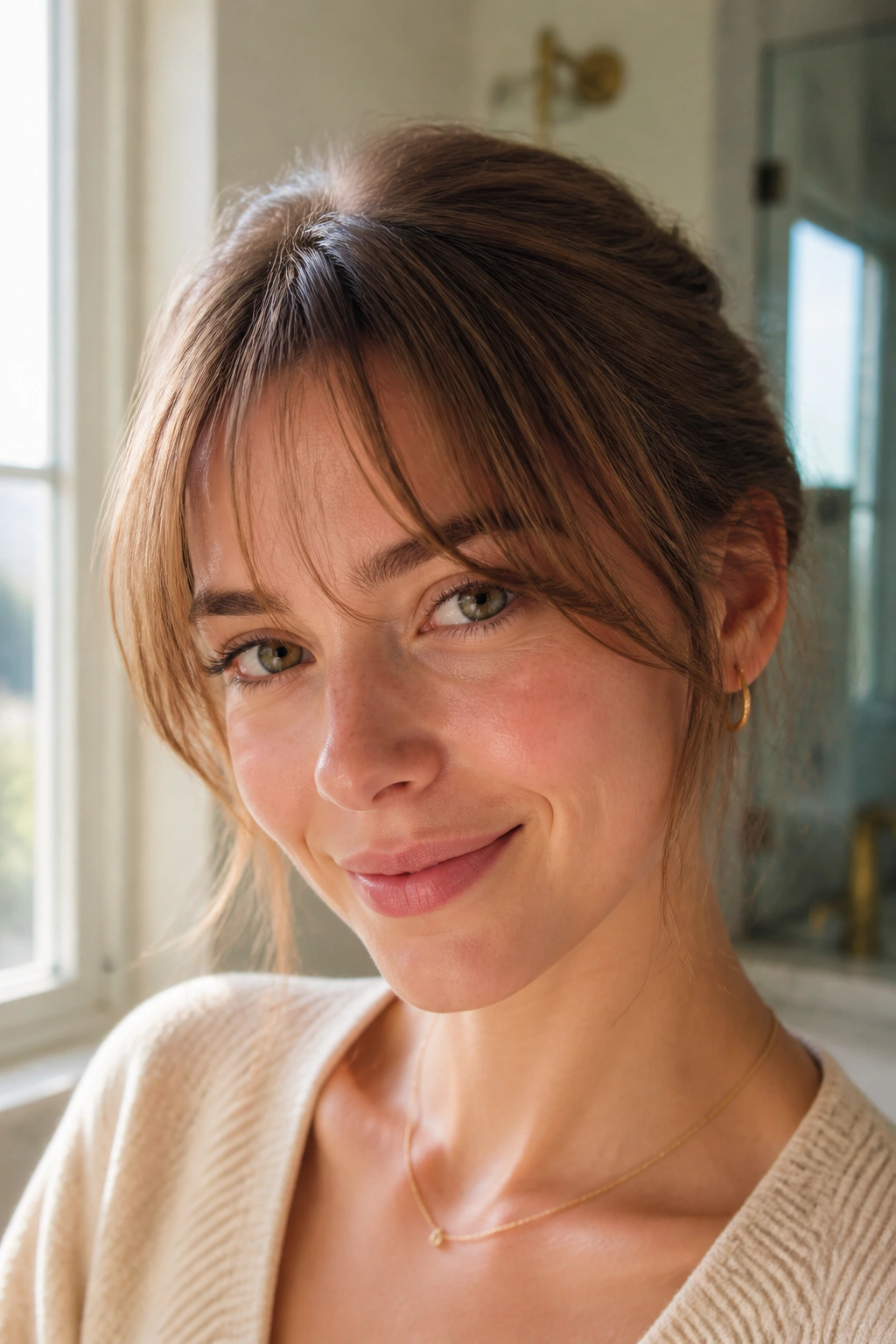Close-up of a real woman with airy half bangs on fine hair.