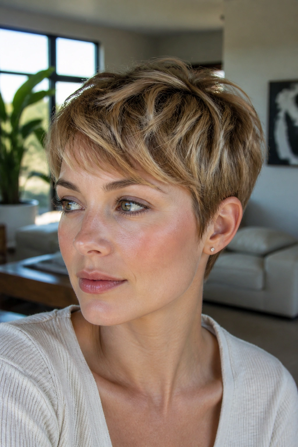 Close-up of real woman with airy honey caramel pixie showing top highlights