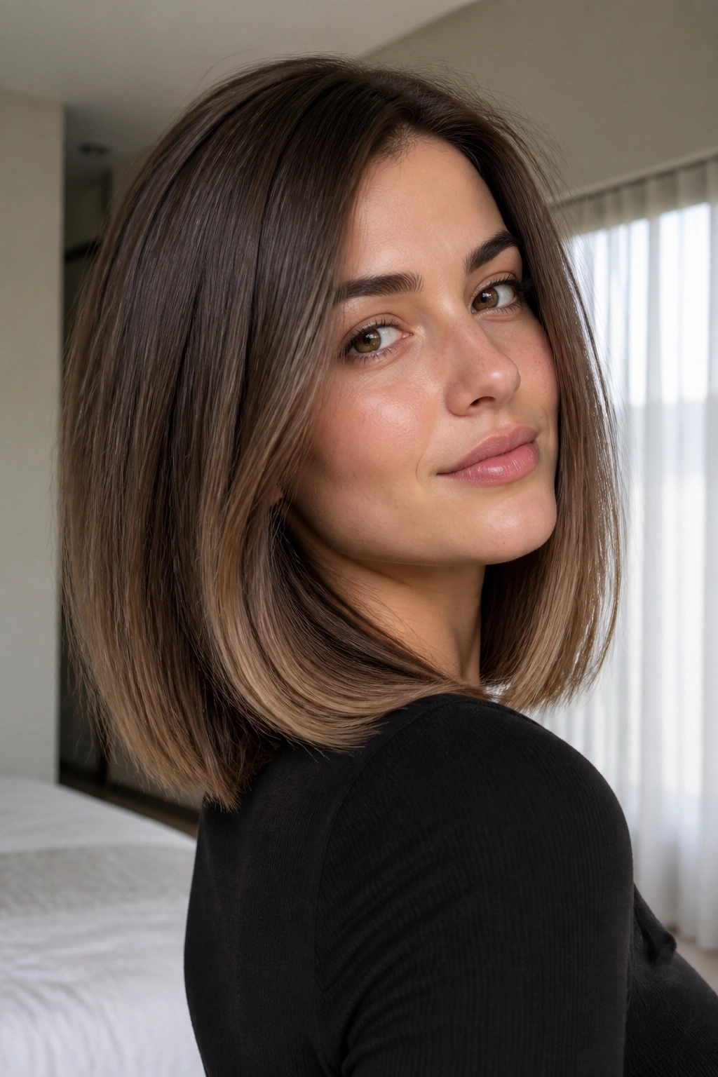 Close-up of a real woman with an airy interior lob under soft daylight