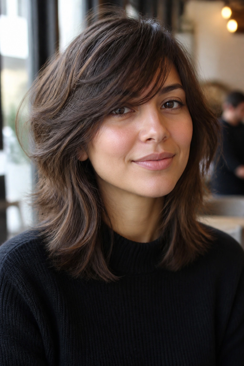 Real person portrait with airy Italian shag and side-swept fringe in cafe-like setting