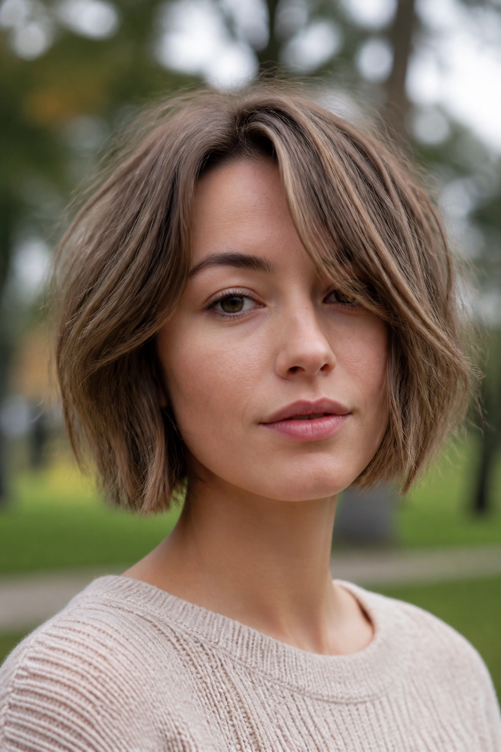Close-up of a real woman with an airy layered jaw-length bob in soft park light