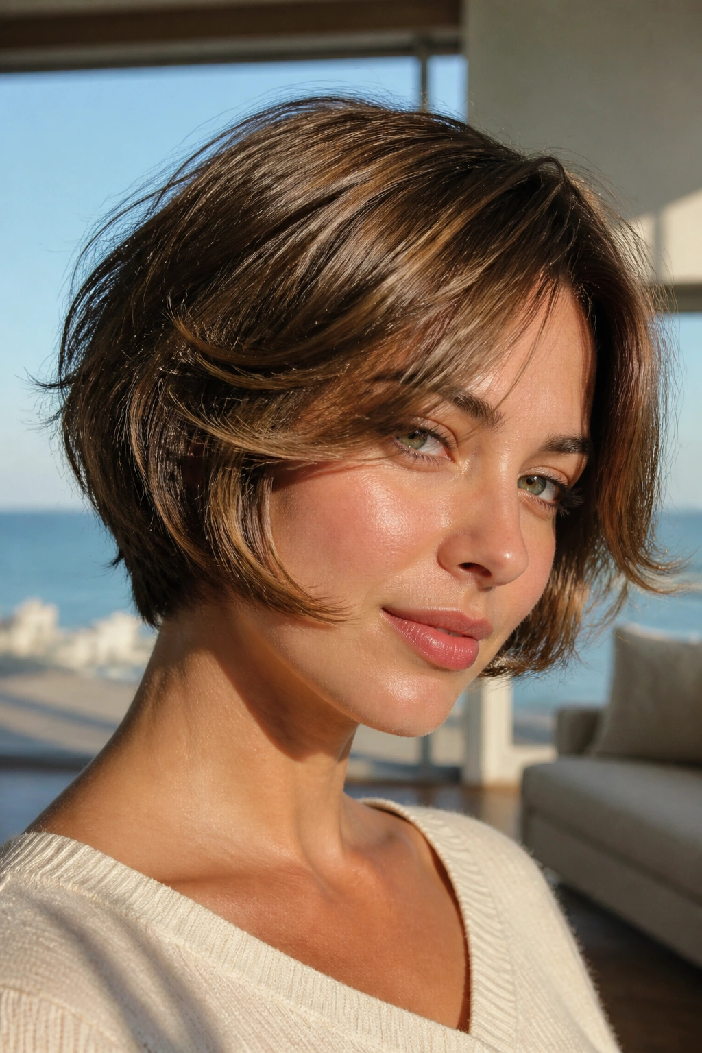 Real person with airy layered bob and face-framing swoops