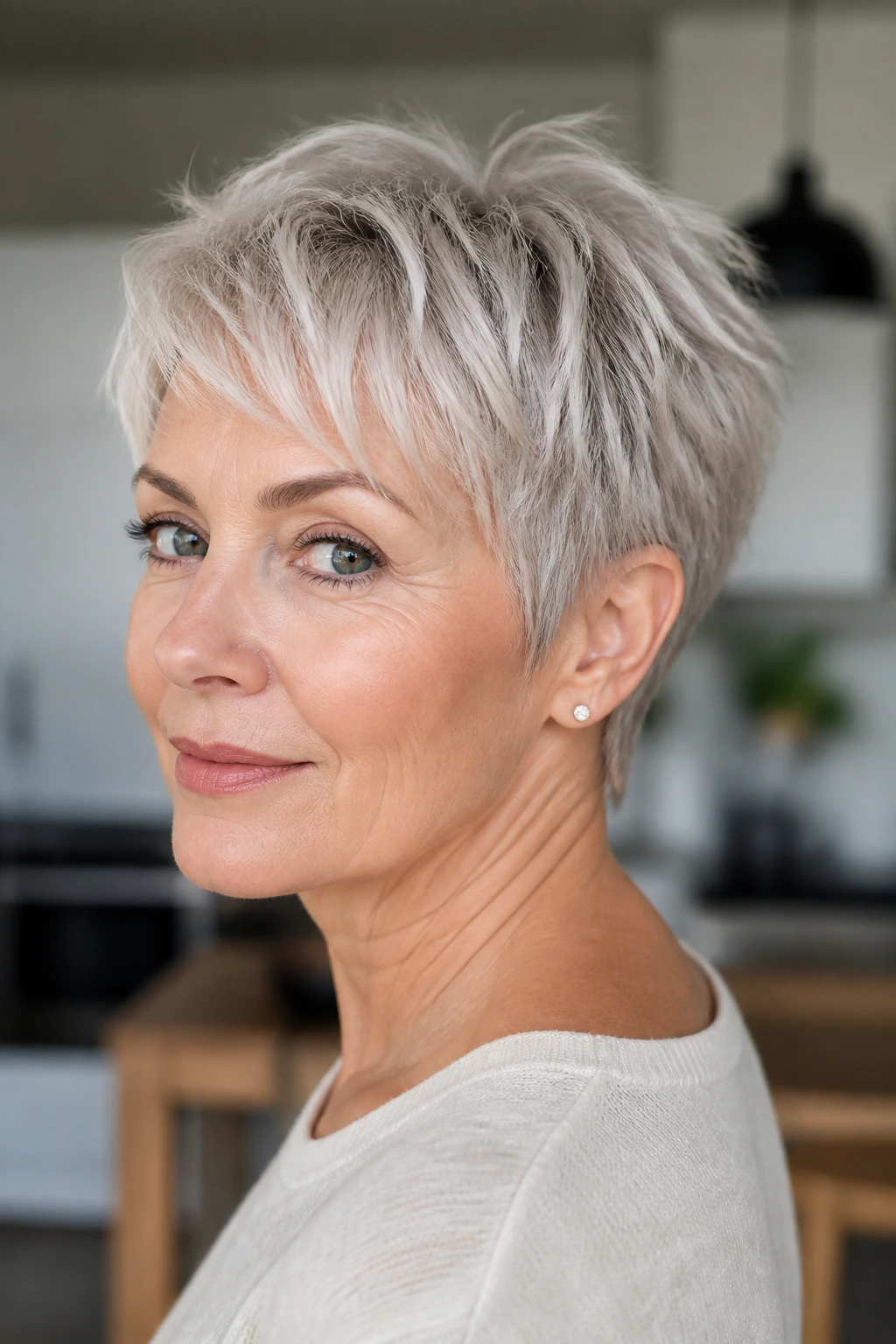Close-up of a real woman with airy layered crop and lifted ends.