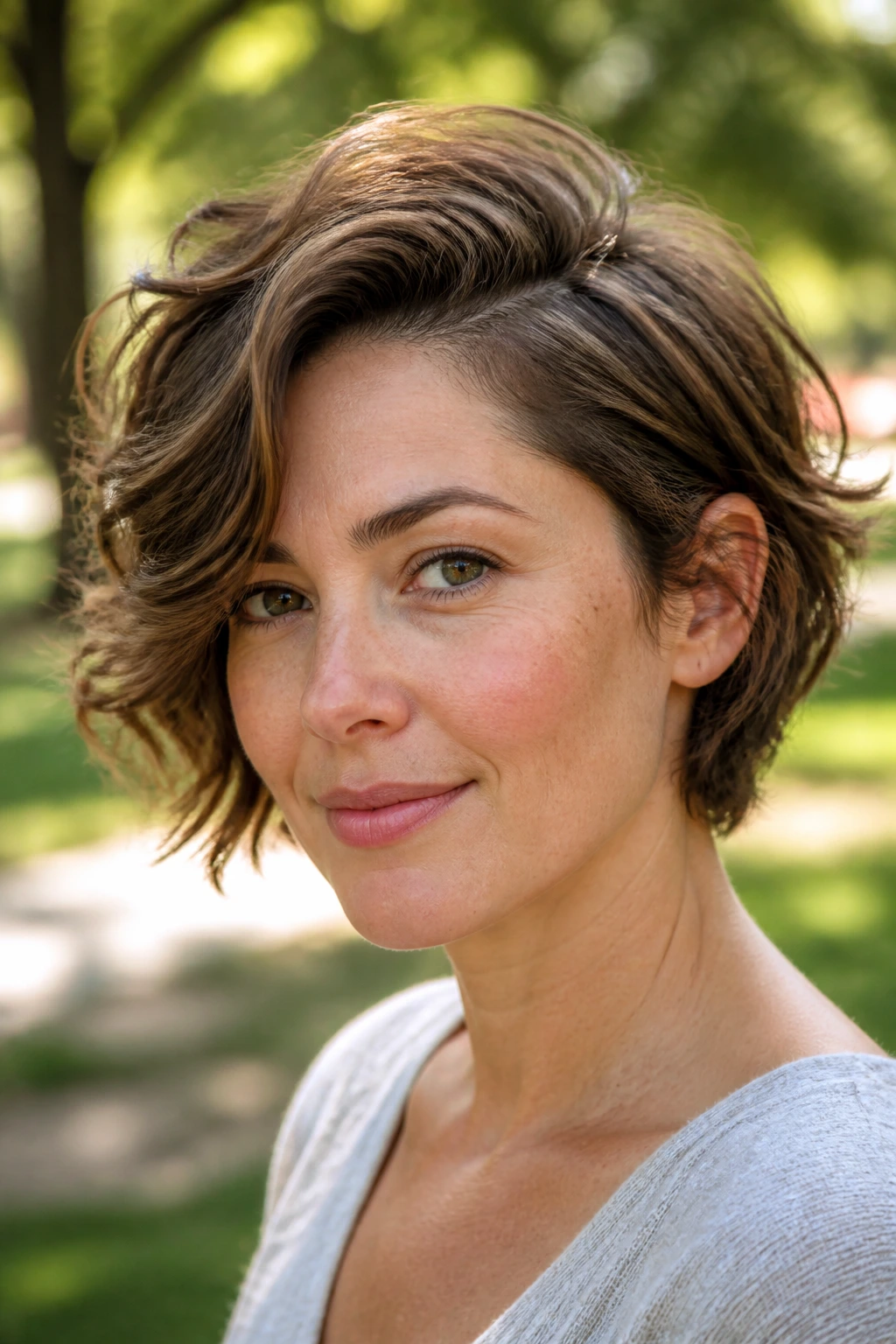 Close-up of a real woman with an airy layered crop and a side part on thick wavy hair
