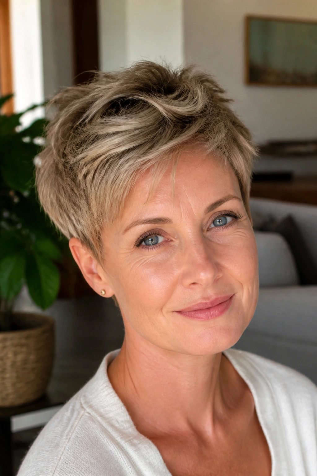 Close-up of a real woman with an airy layered pixie hairstyle