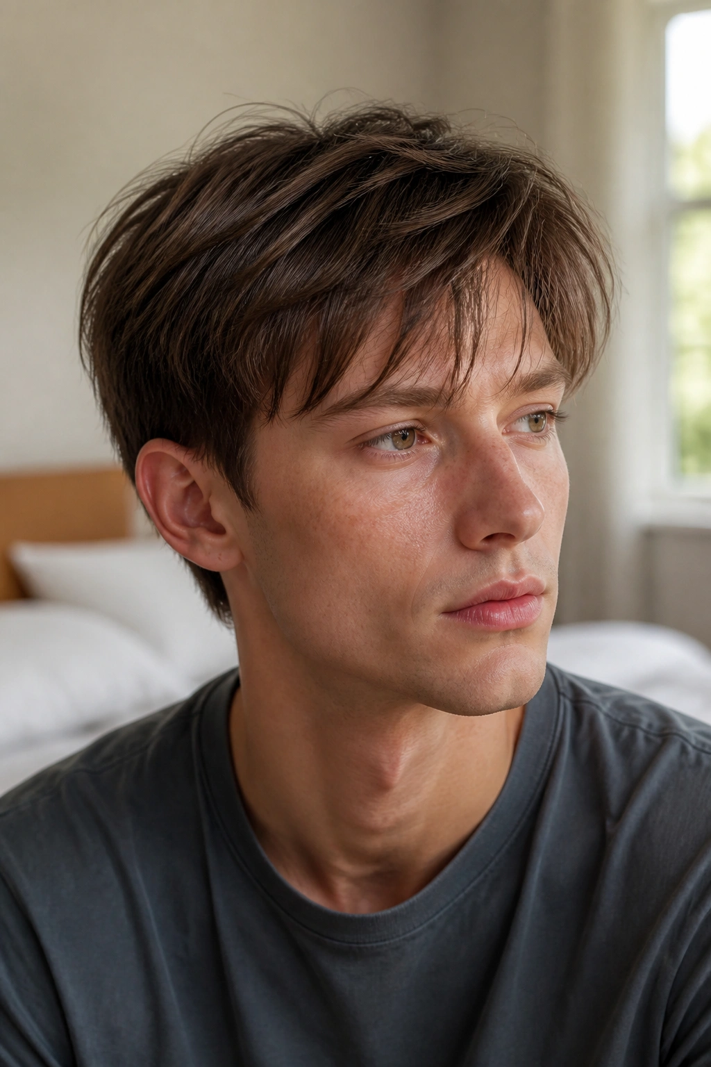 Close-up man with airy layers on fine straight hair in bright room