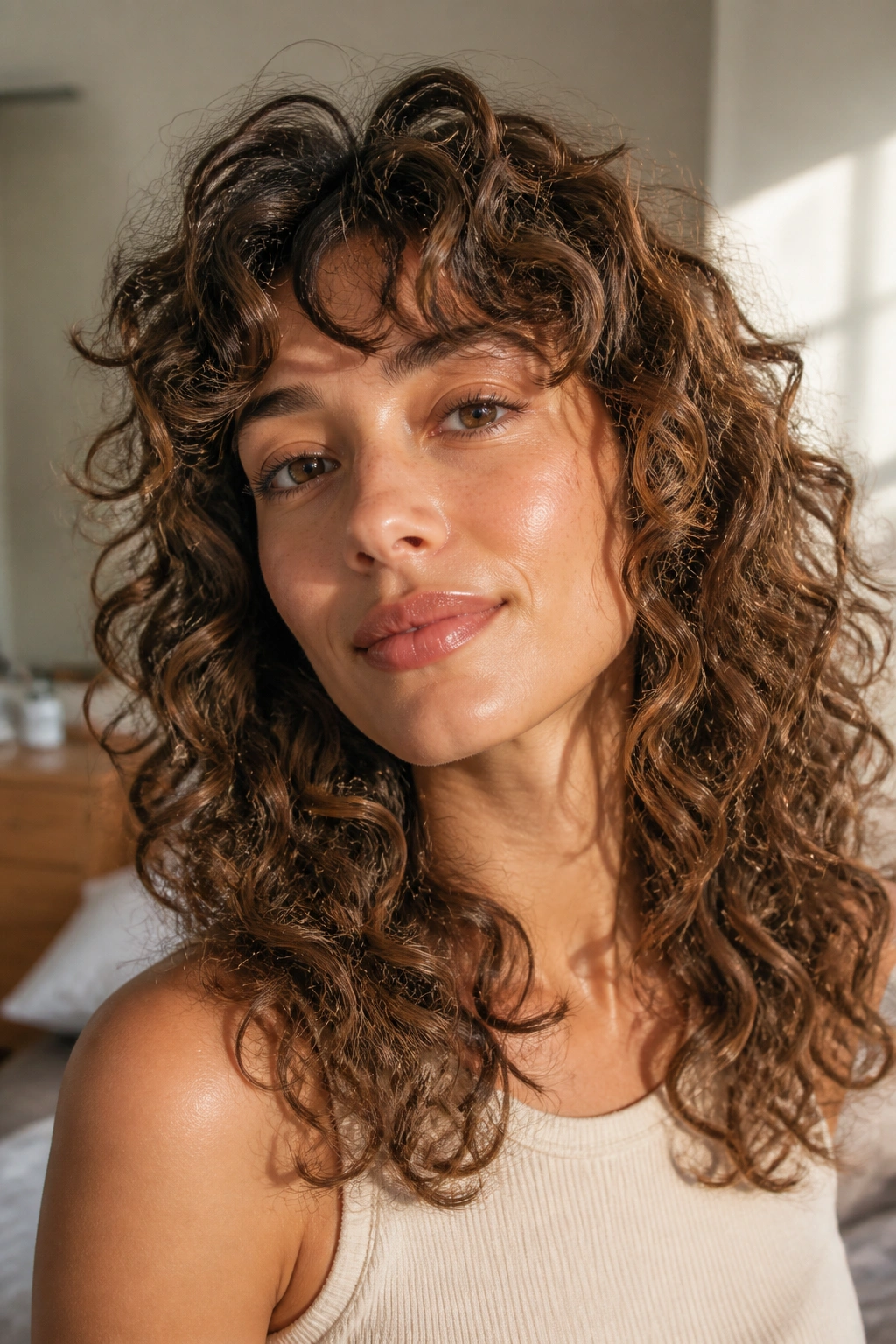 Close-up portrait of a real person with airy layered curls and a scrunched finish in natural sunlight