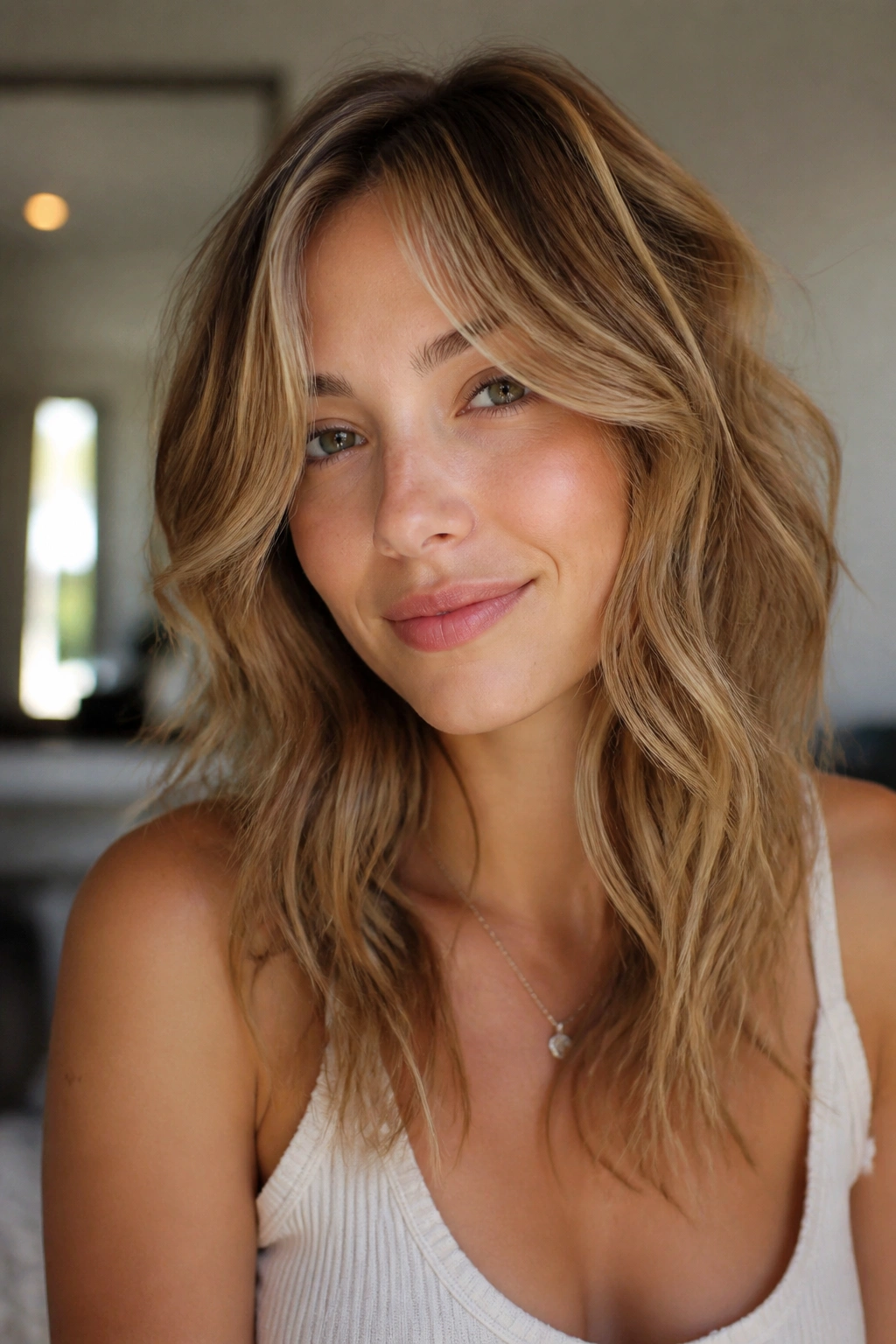 Portrait of a real woman with airy face-framing layers on wavy hair.