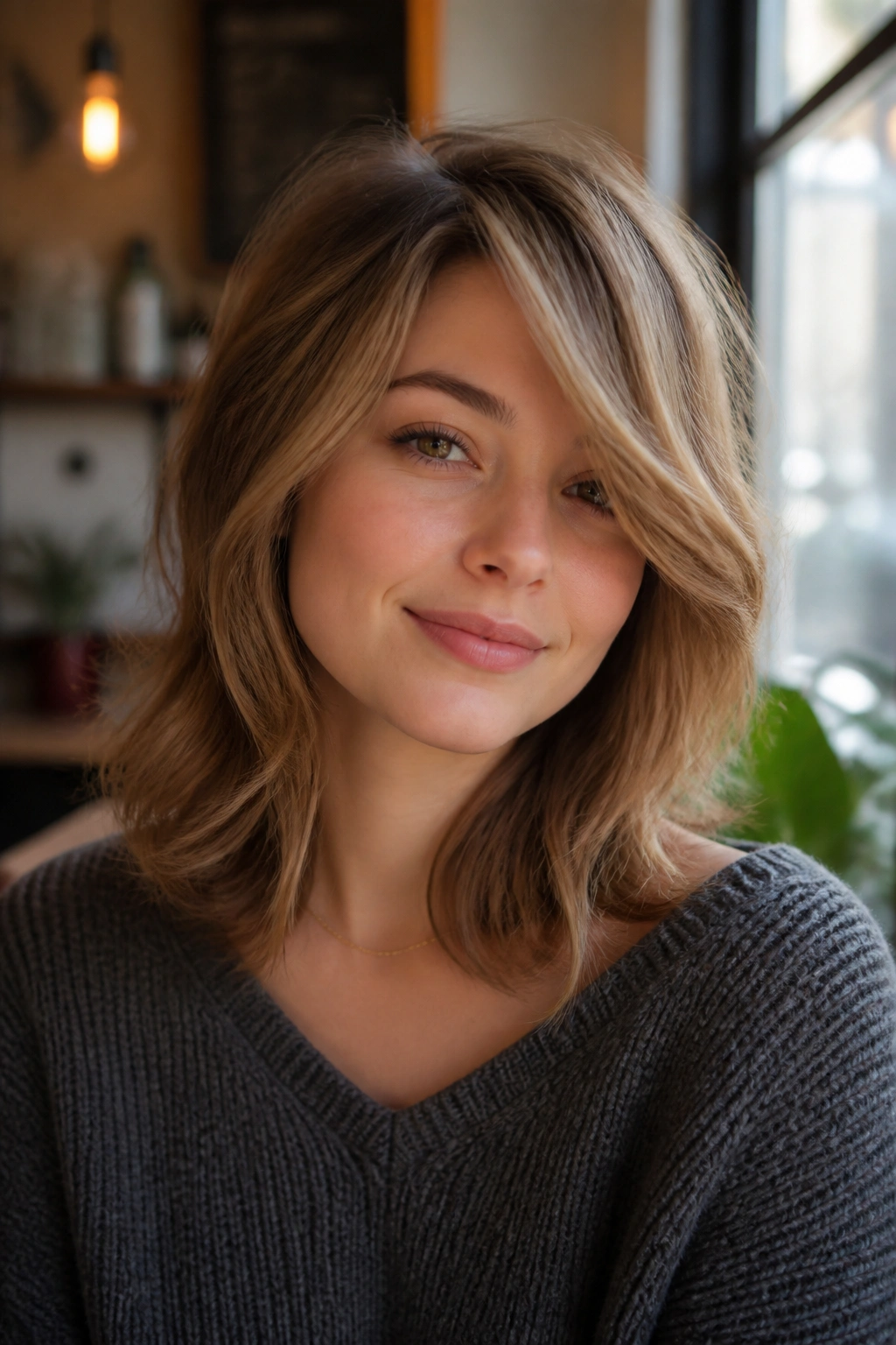 Close-up of a woman with airy layers swept diagonally across the face in soft cafe lighting.