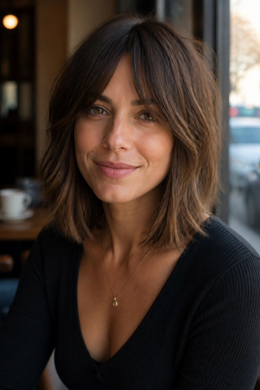 Close-up of a real woman with an airy lob and bottleneck bangs