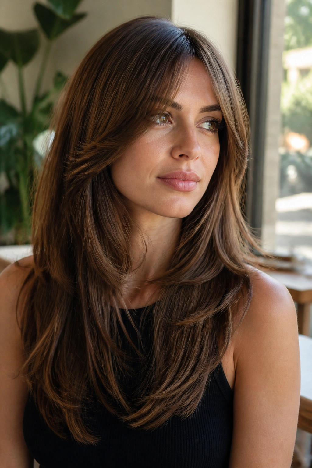 Close-up portrait of a real woman with an airy long-layered shag showing movement and fullness.