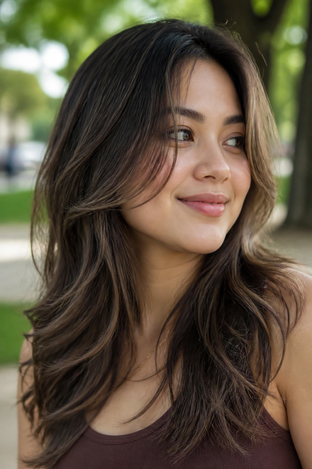 Portrait of a real woman with airy long layers and soft S-waves