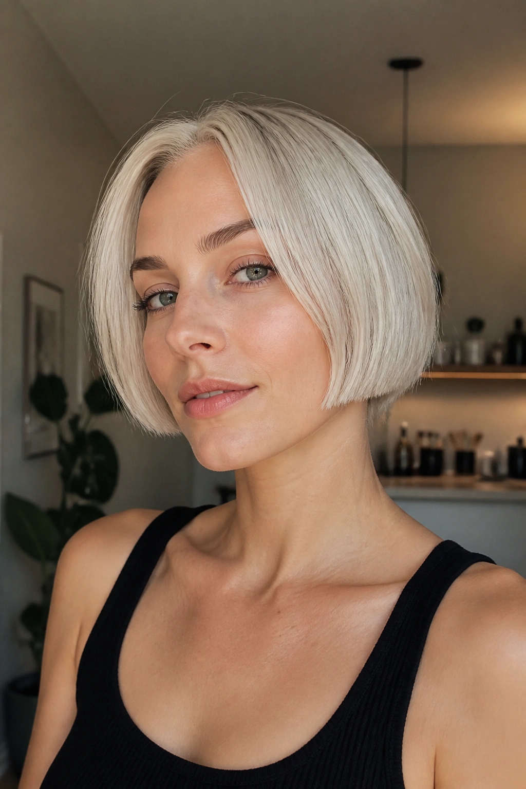 Close-up of a real woman with an airy micro bob hairstyle in soft window light