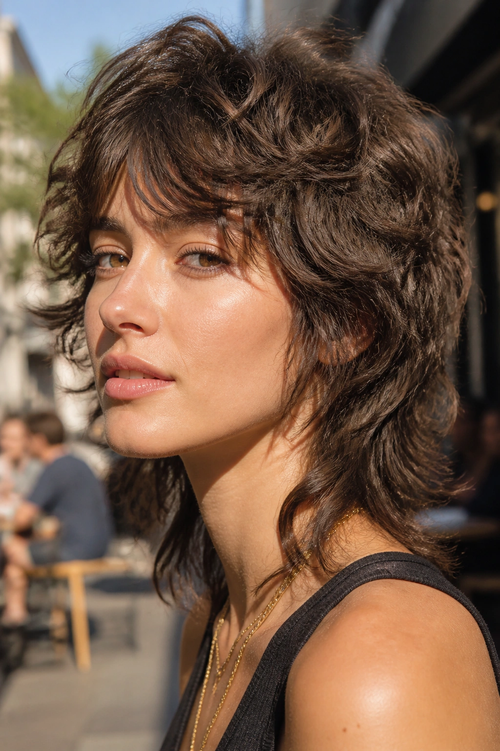 Close-up of a real woman with an airy mullet shag and crown height