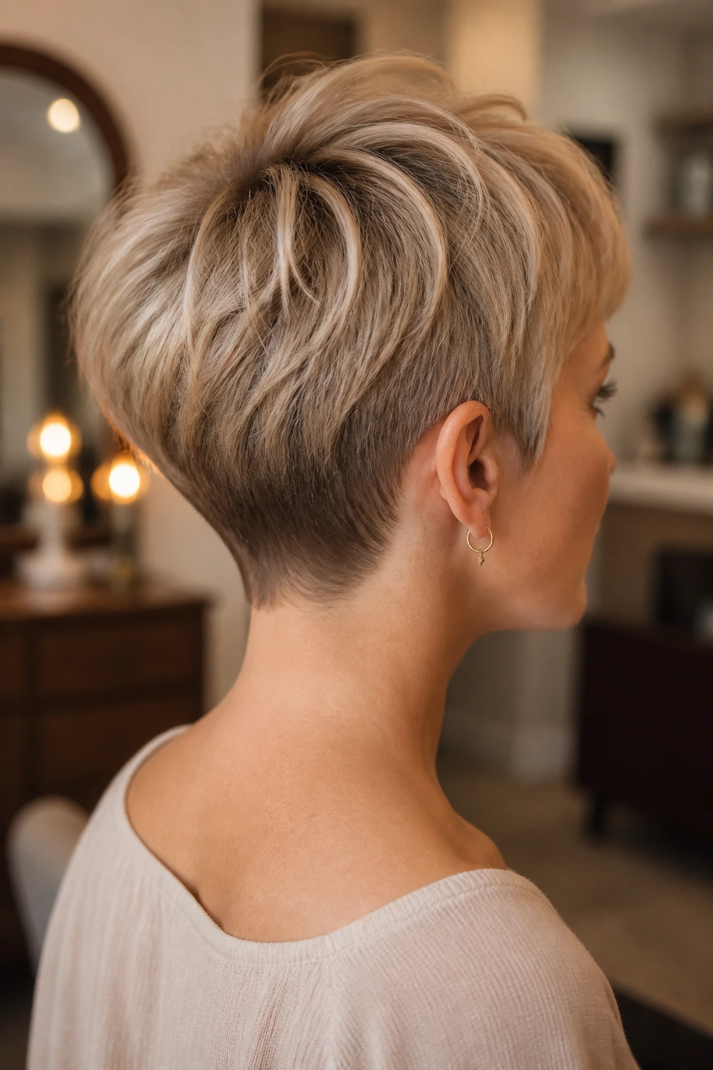 Three-quarter back view of a real person with airy nape-hugging pixie