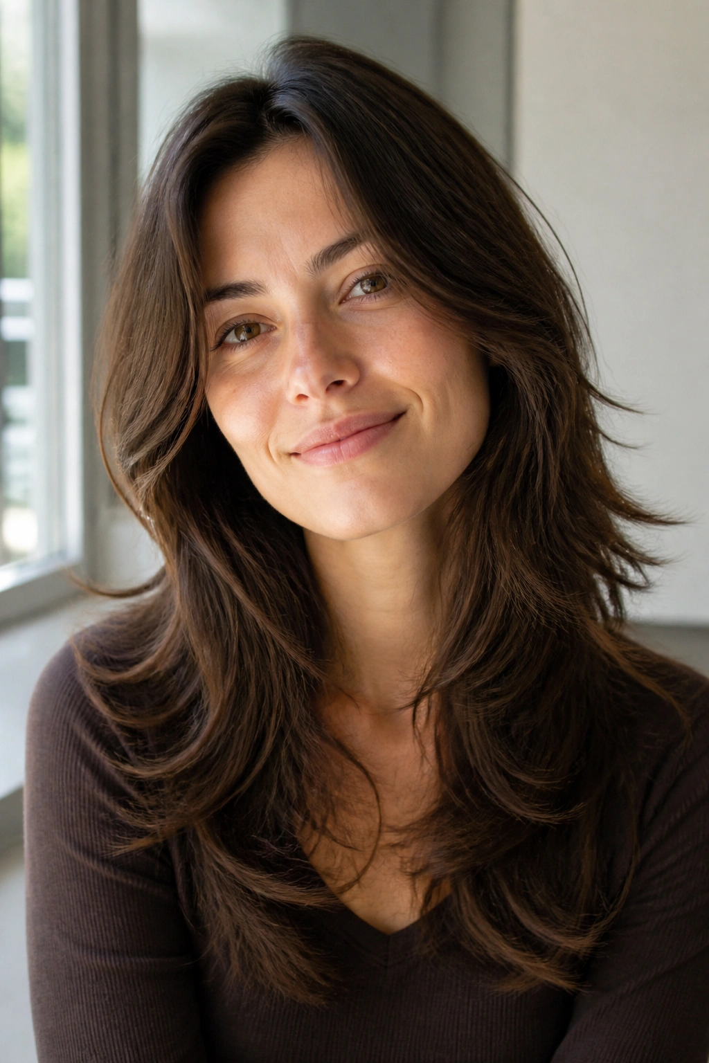 Portrait of a real person with no-bang shag under natural light