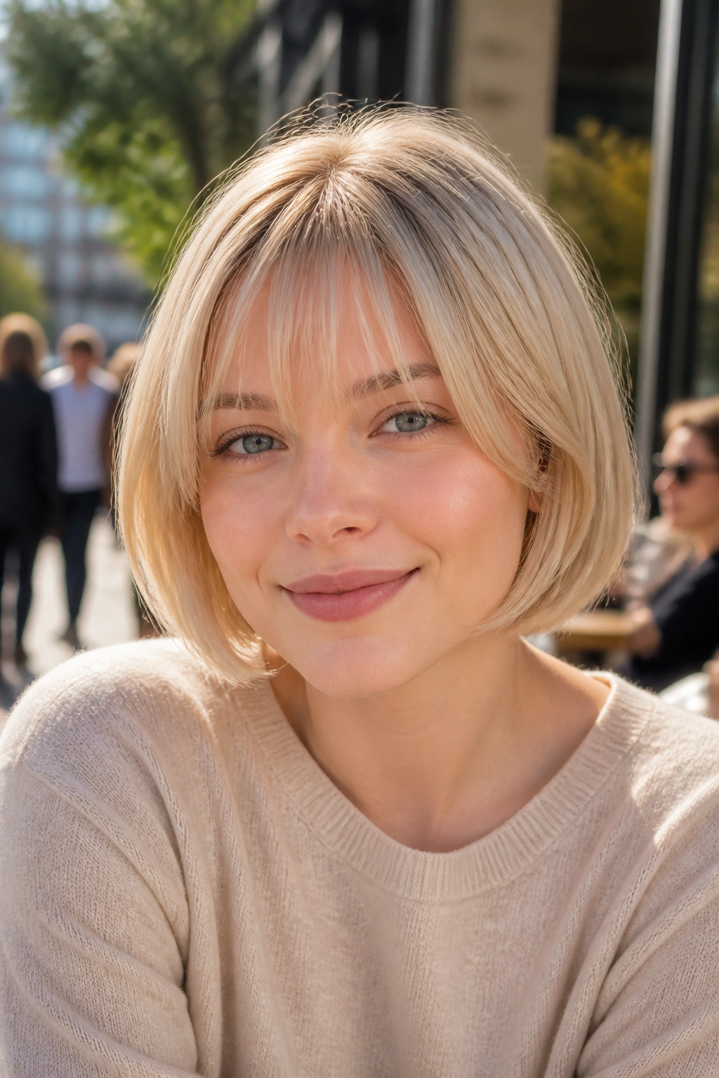 Close-up of a real woman with an airy pageboy bob and see-through bangs in pale wheat blonde