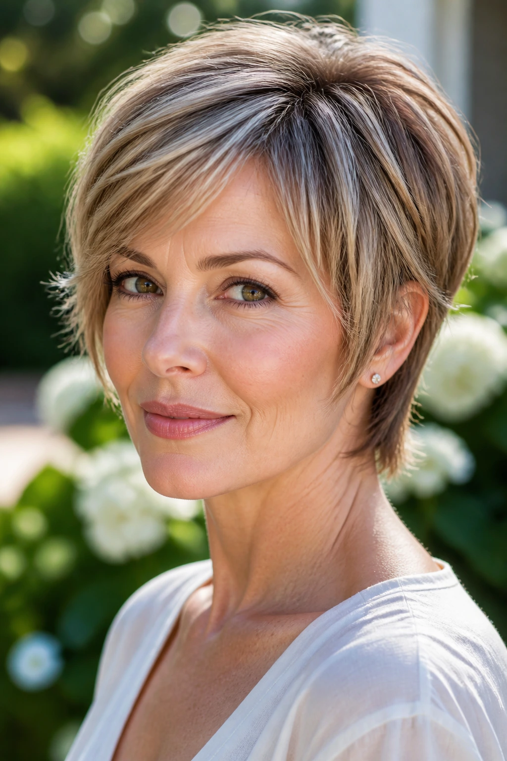 Portrait of a person with an airy pixie-bob hybrid hairstyle.