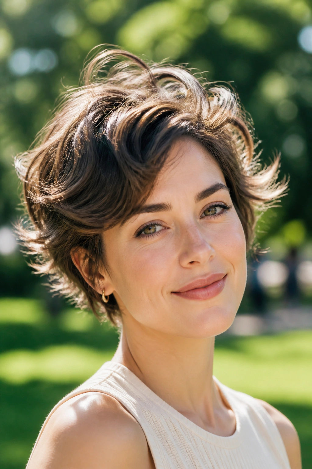 Portrait of a real woman with airy pixie ends flipping outward