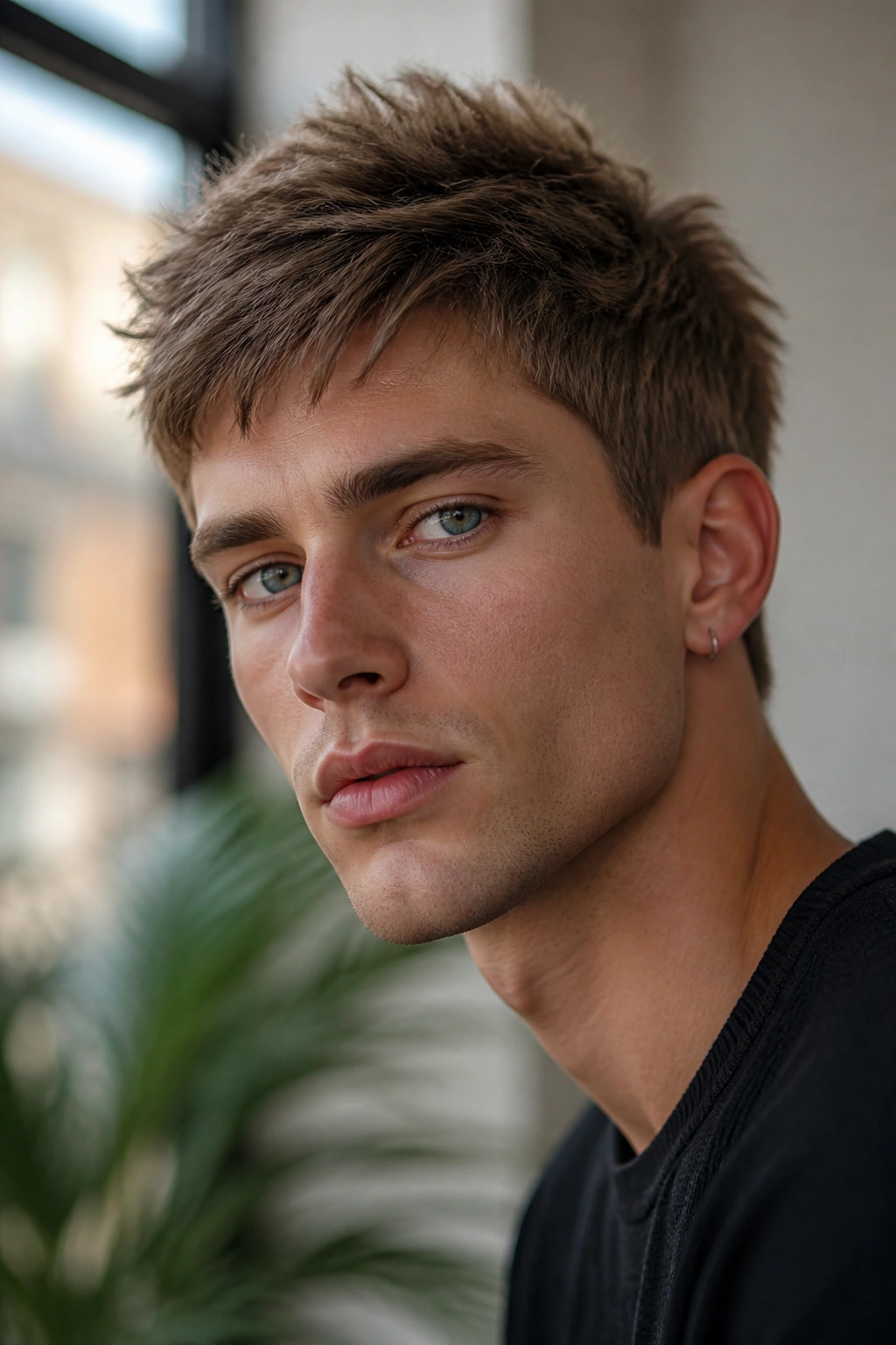 Airy editorial pixie close-up portrait with feathered ends and lifted fringe