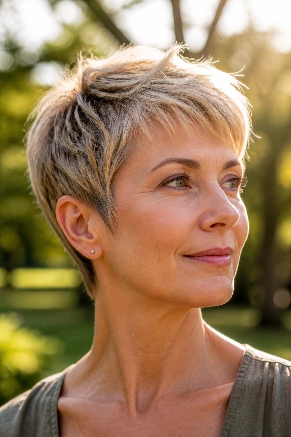 Close-up of real woman with airy feathered pixie with razored ends hairstyle