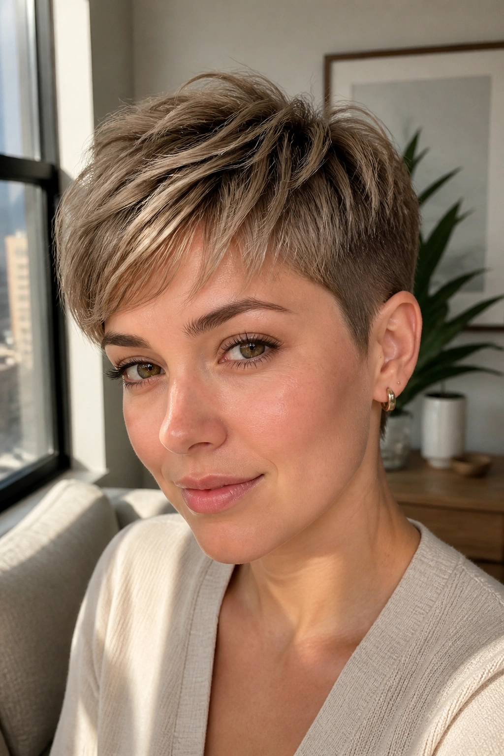 Close-up of a real person with an airy pixie and tapered sides in natural daylight