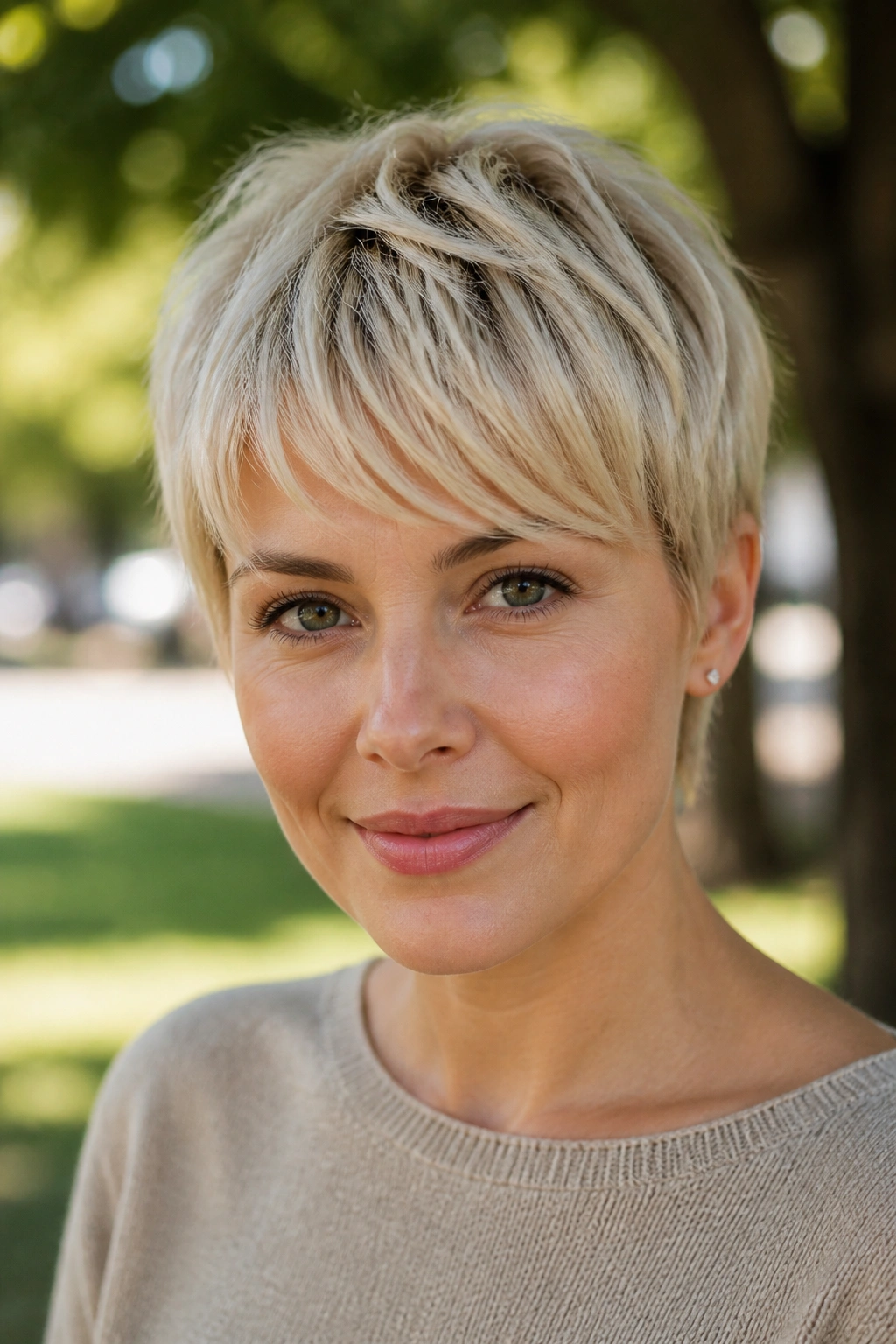 Close-up of a real woman with an airy pixie and wispy bangs outdoors.