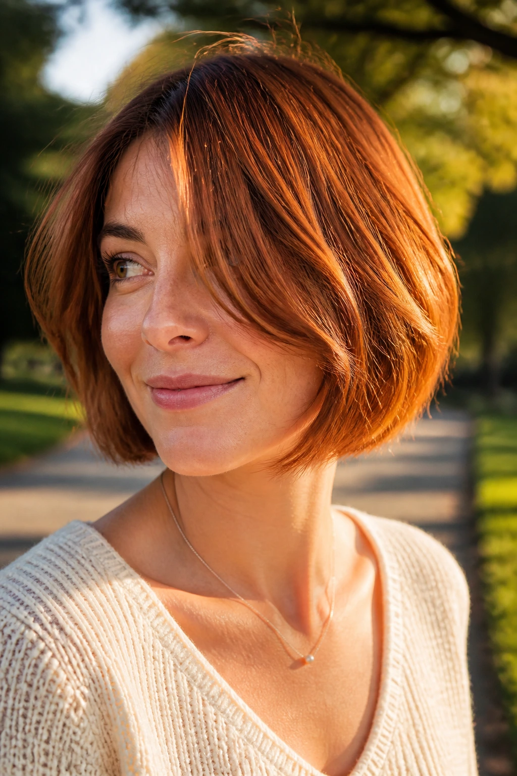Close-up of a real woman with an airy razor bob in auburn copper showing movement.