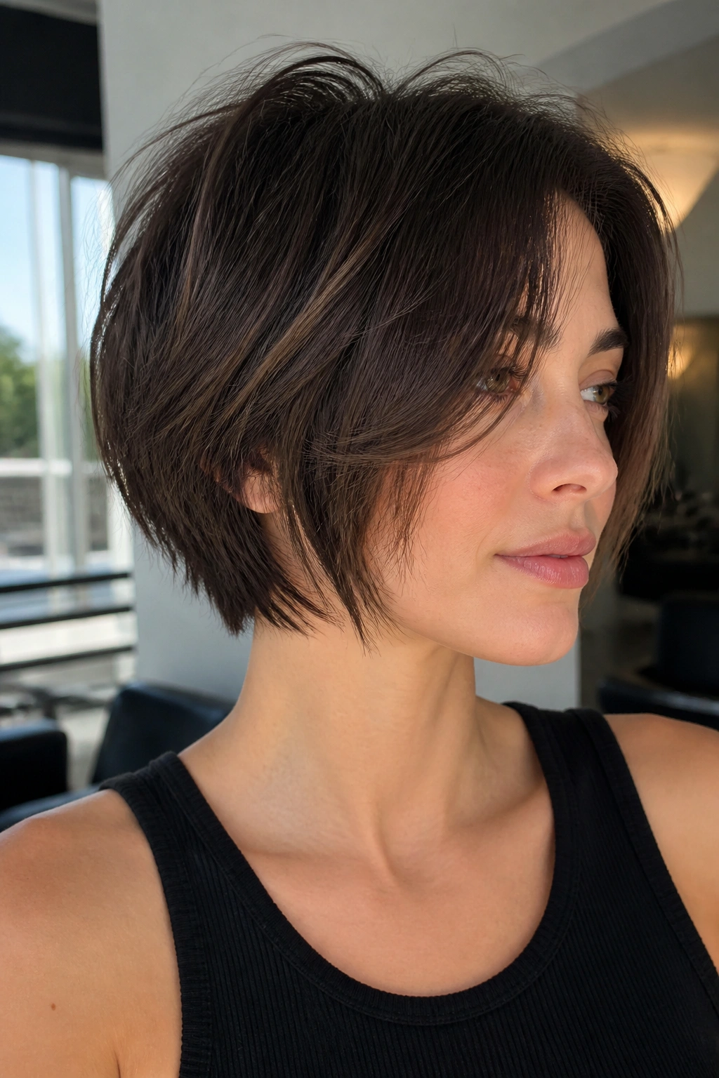 Real person with airy razor bob and feathered ends in soft sunlight