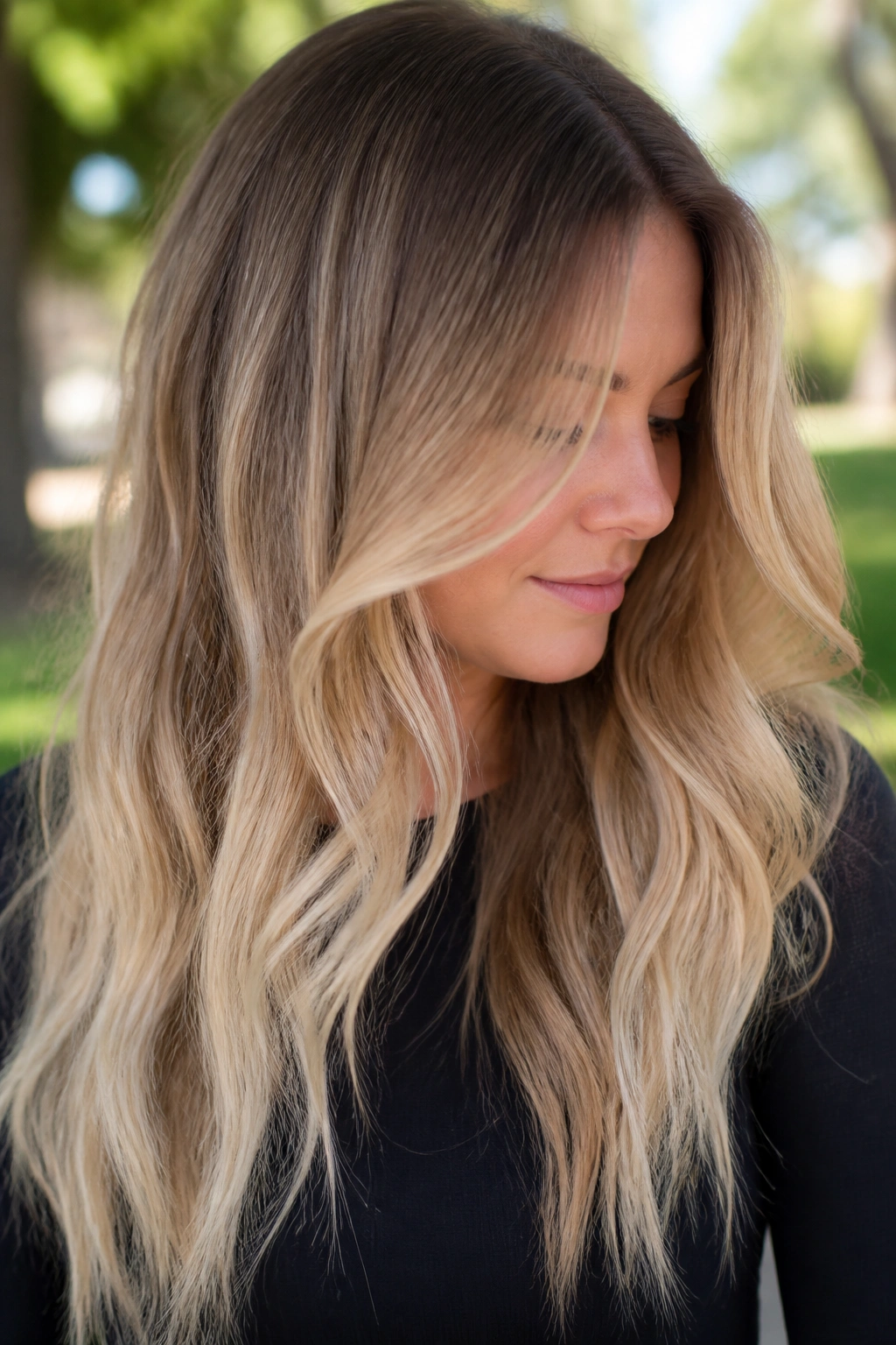Close-up portrait of a real person with airy sand melt hair in soft daylight