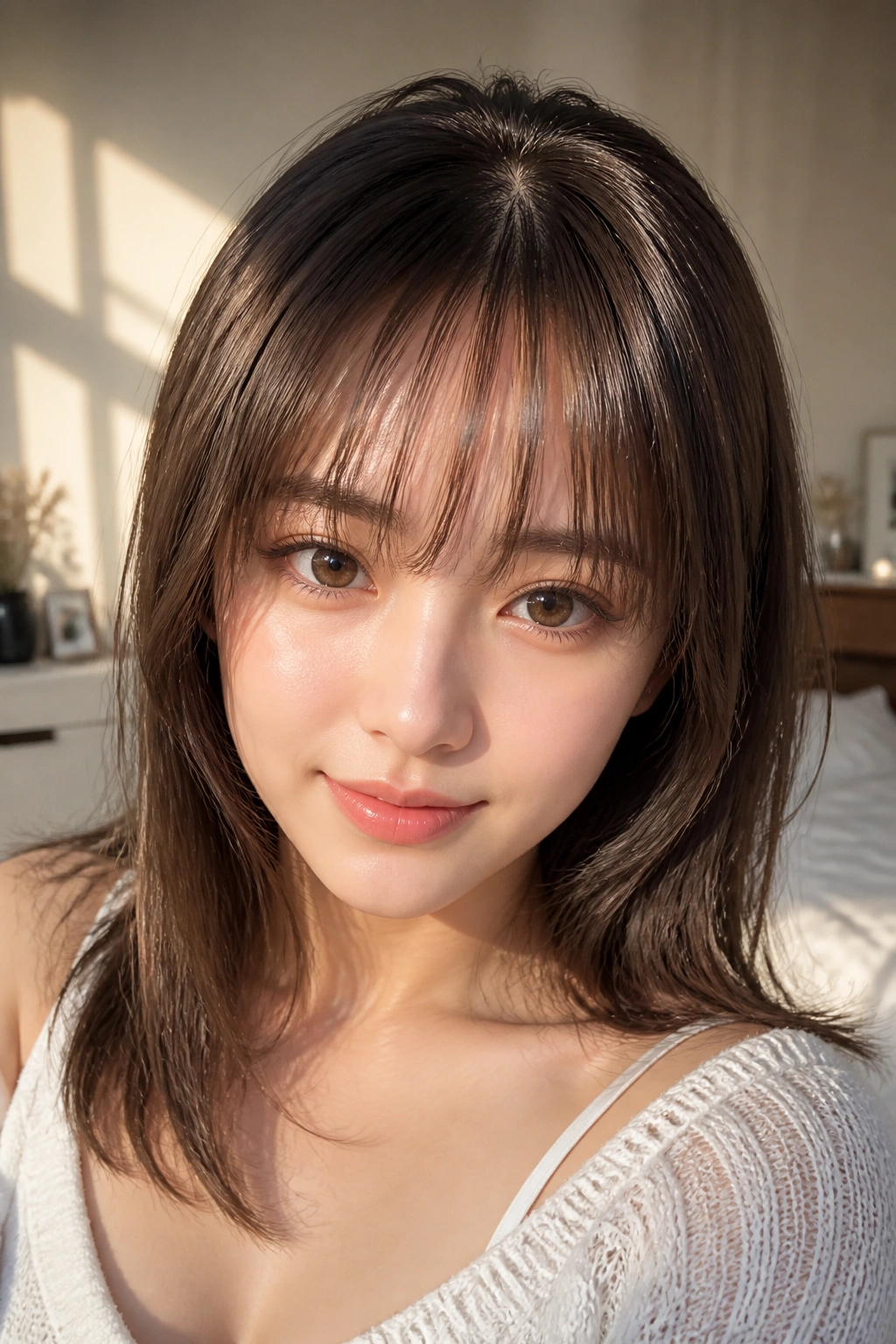 Close-up of a real woman with airy see-through bangs in soft morning light