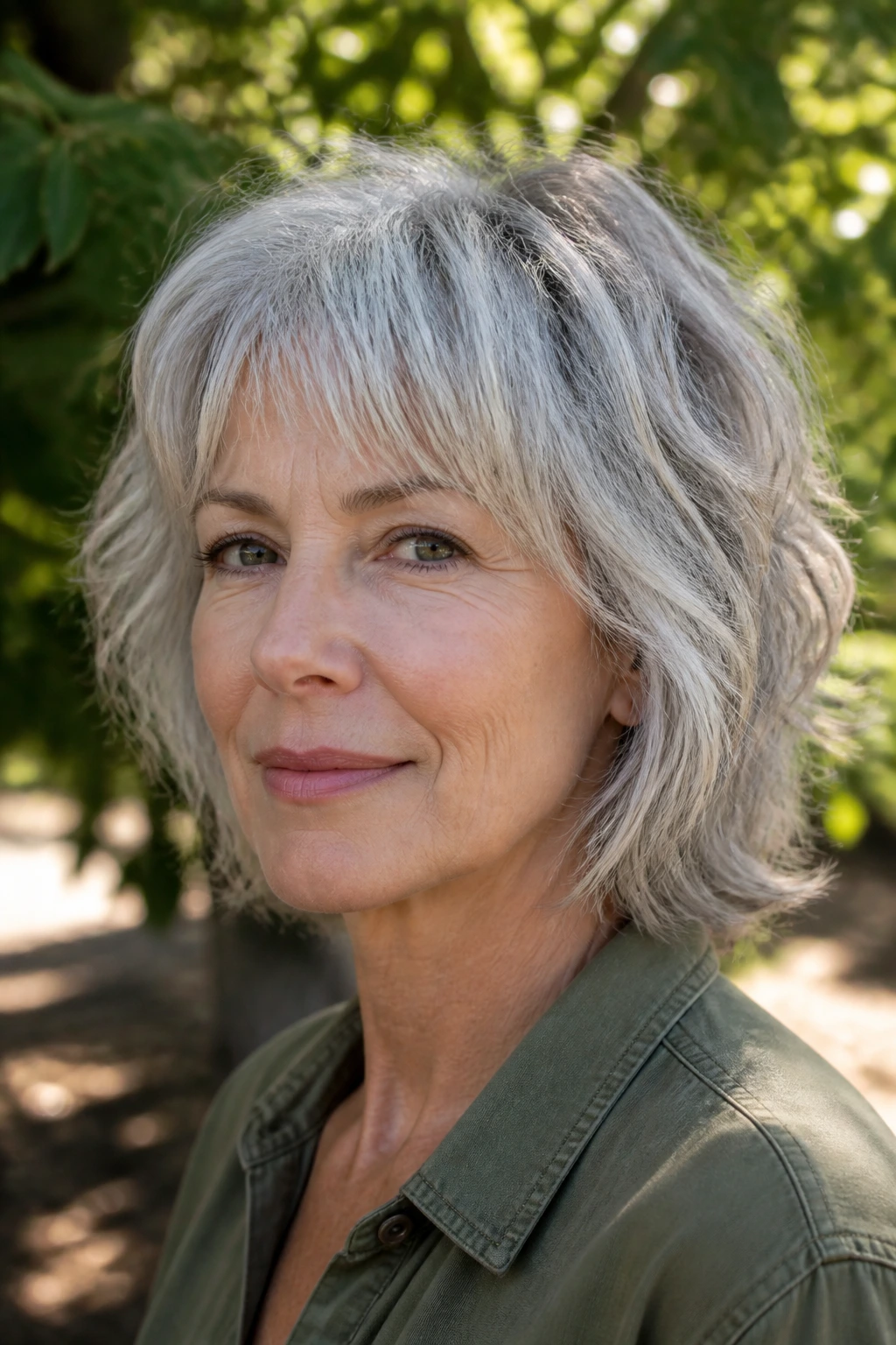 Close-up portrait of a real woman with an airy shag-bob