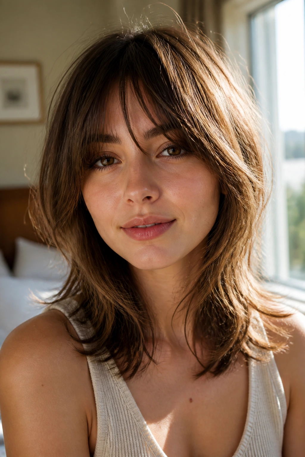 Close-up portrait of a real woman with airy shag bottleneck bangs in warm window light