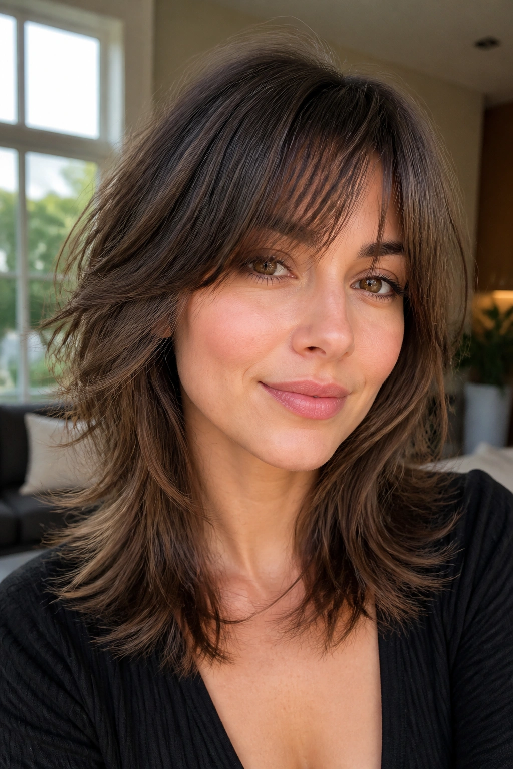 Portrait of real woman with airy shag and invisible internal layers