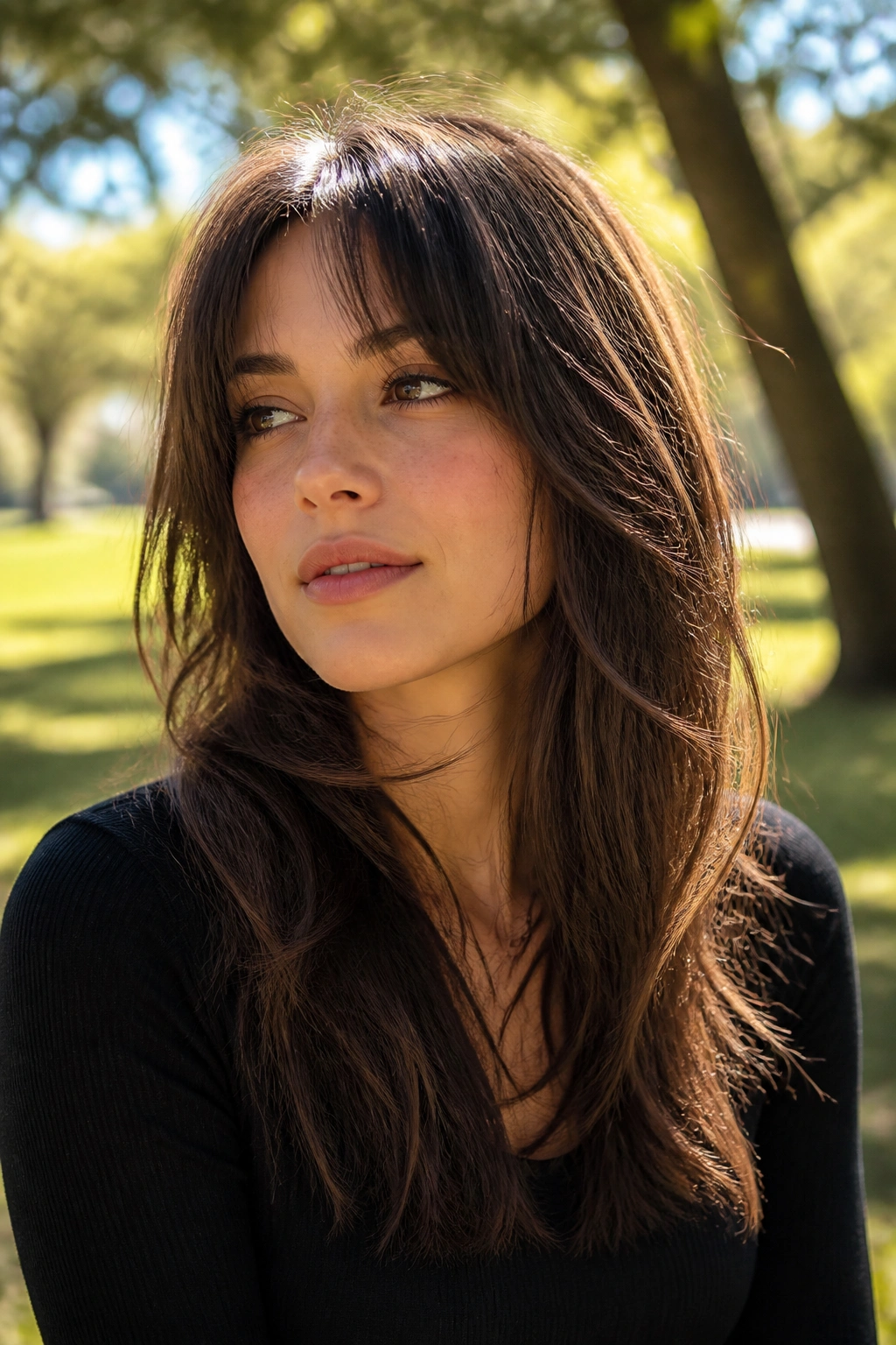 Real woman with airy shag on straight thick hair outdoors