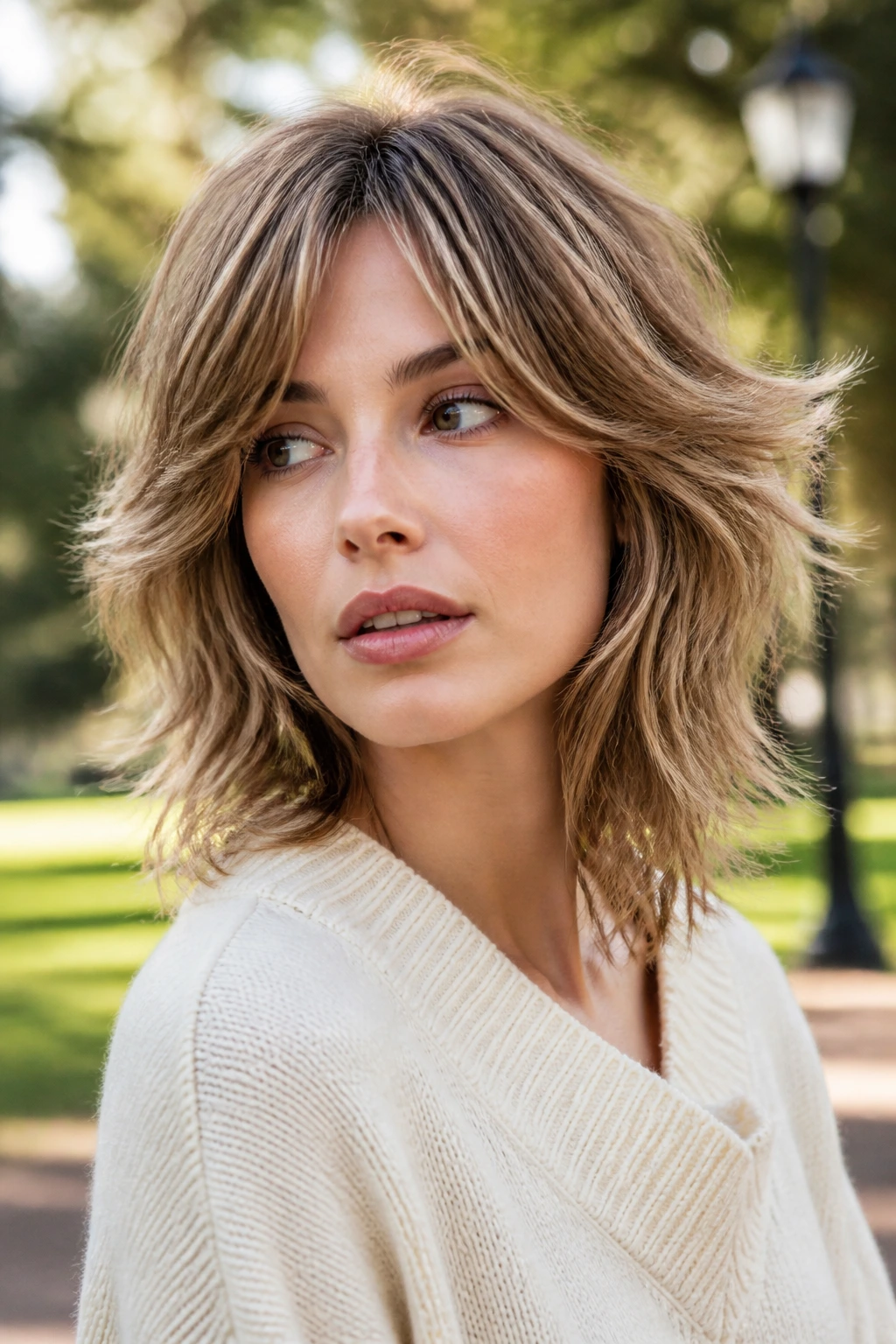 Real woman with airy shaggy midi length hair showing lift on crown.