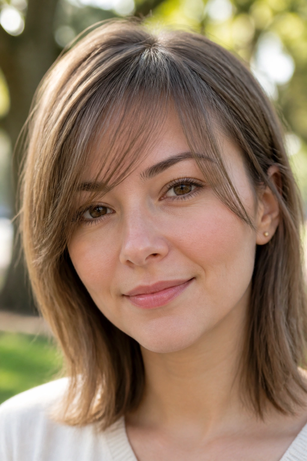 Close-up of a real woman with airy, light side bangs for fine hair in soft sun outdoors