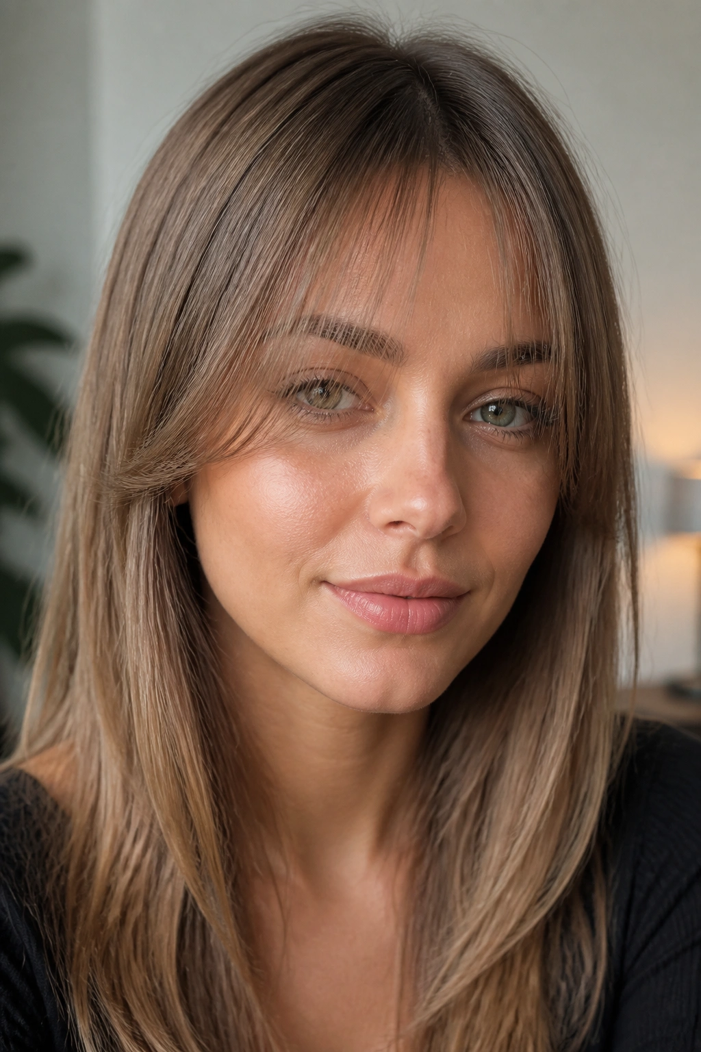 Close-up portrait of a real woman with airy sliced curtain bangs on fine straight hair
