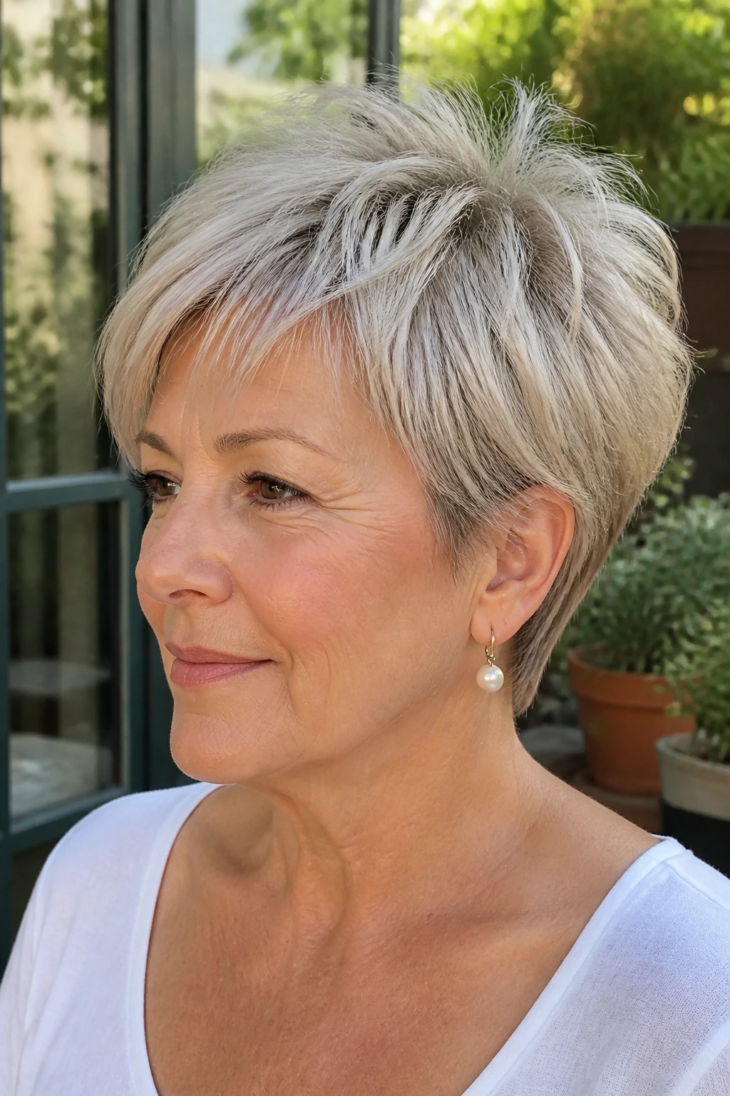 Close-up portrait of person with airy light-ended pixie on thinning ends