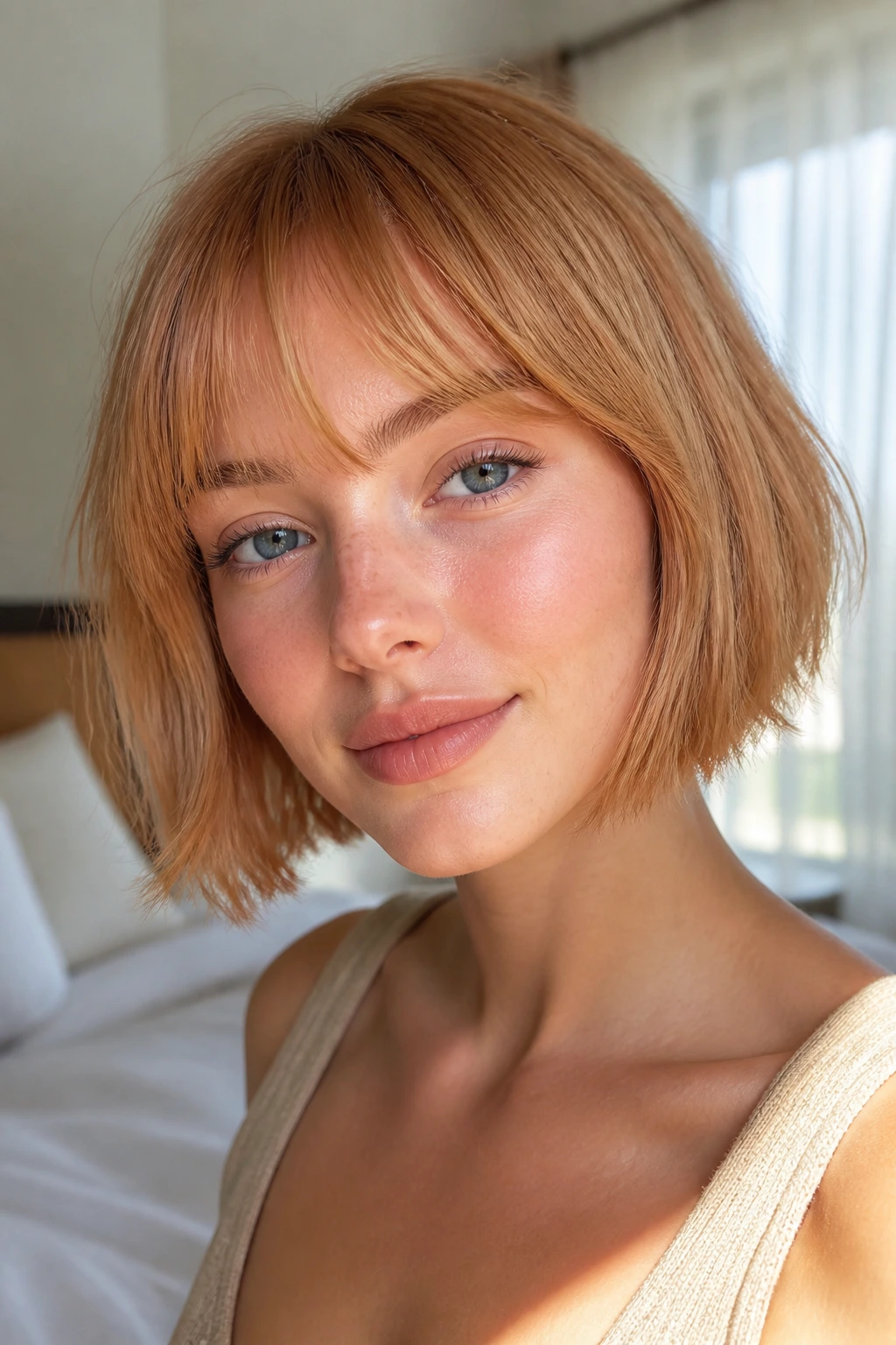 Close-up of a real woman with airy strawberry bob and wispy bangs in soft light