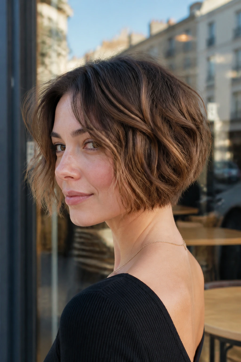 Close-up portrait of a real person with an airy tapered bob.