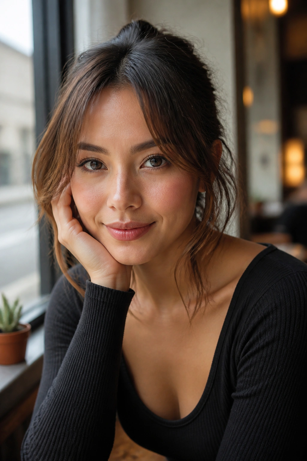 Close-up portrait of a real woman with airy temple bangs starting at the sides.