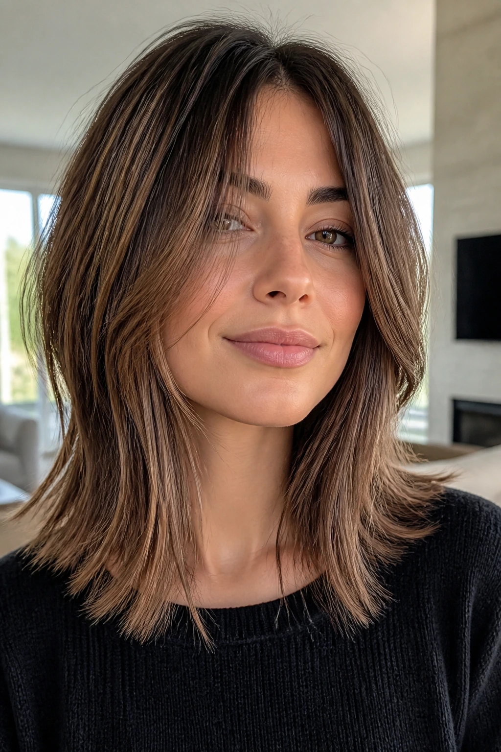 Portrait of a real person with airy texture lob on straight hair