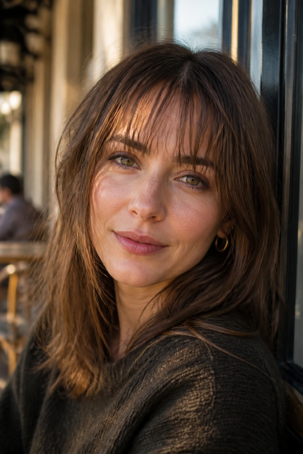 Close-up of a woman with airy textured bangs