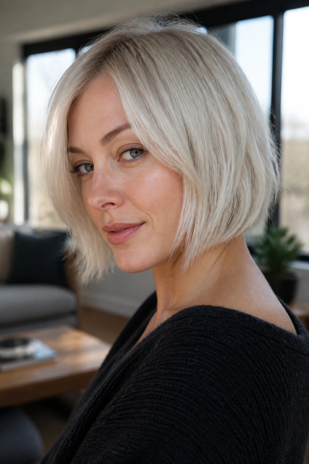 Portrait of real woman with airy textured platinum bob and subtle layers.