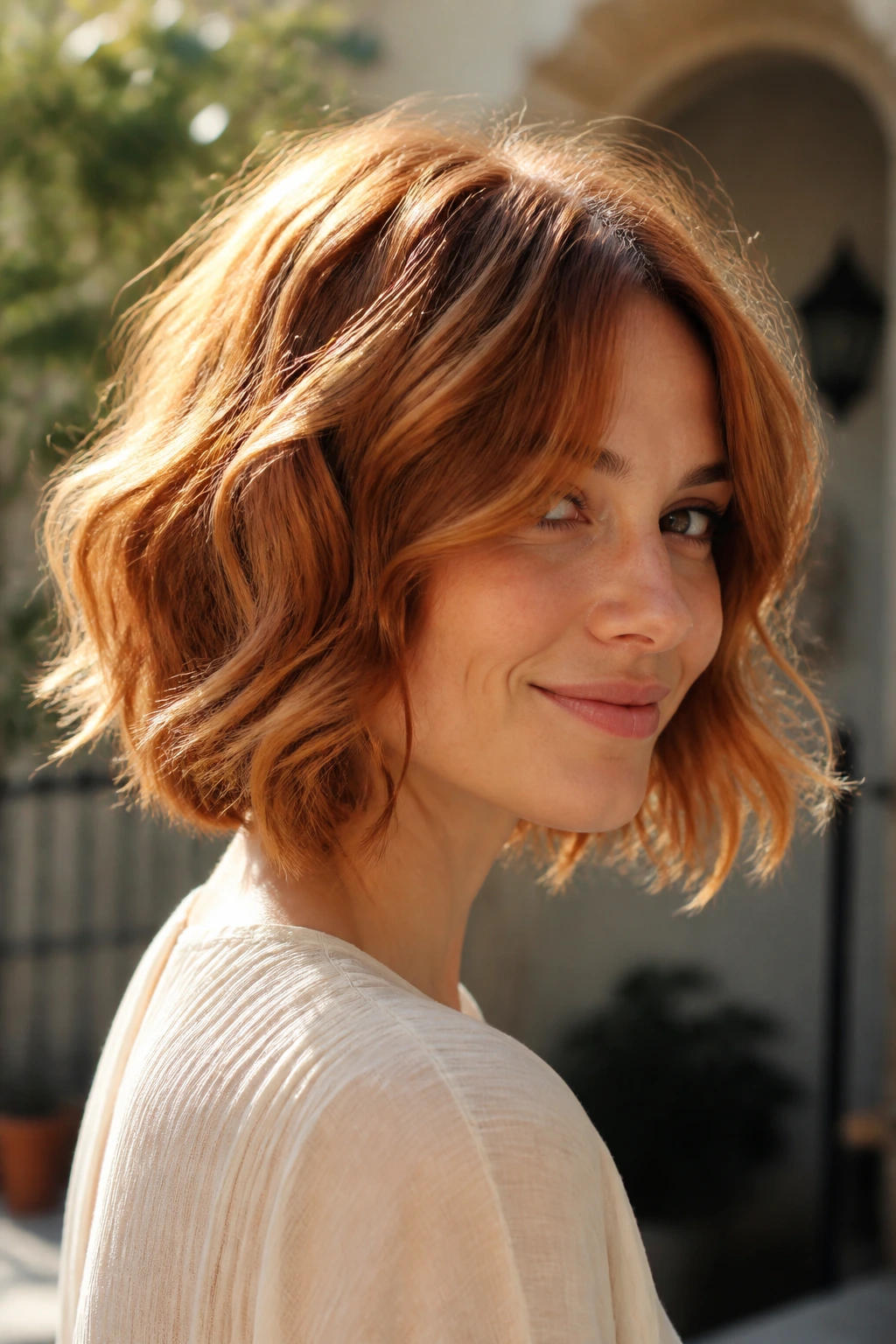 Close-up of real woman with airy wavy copper bob in sunlight