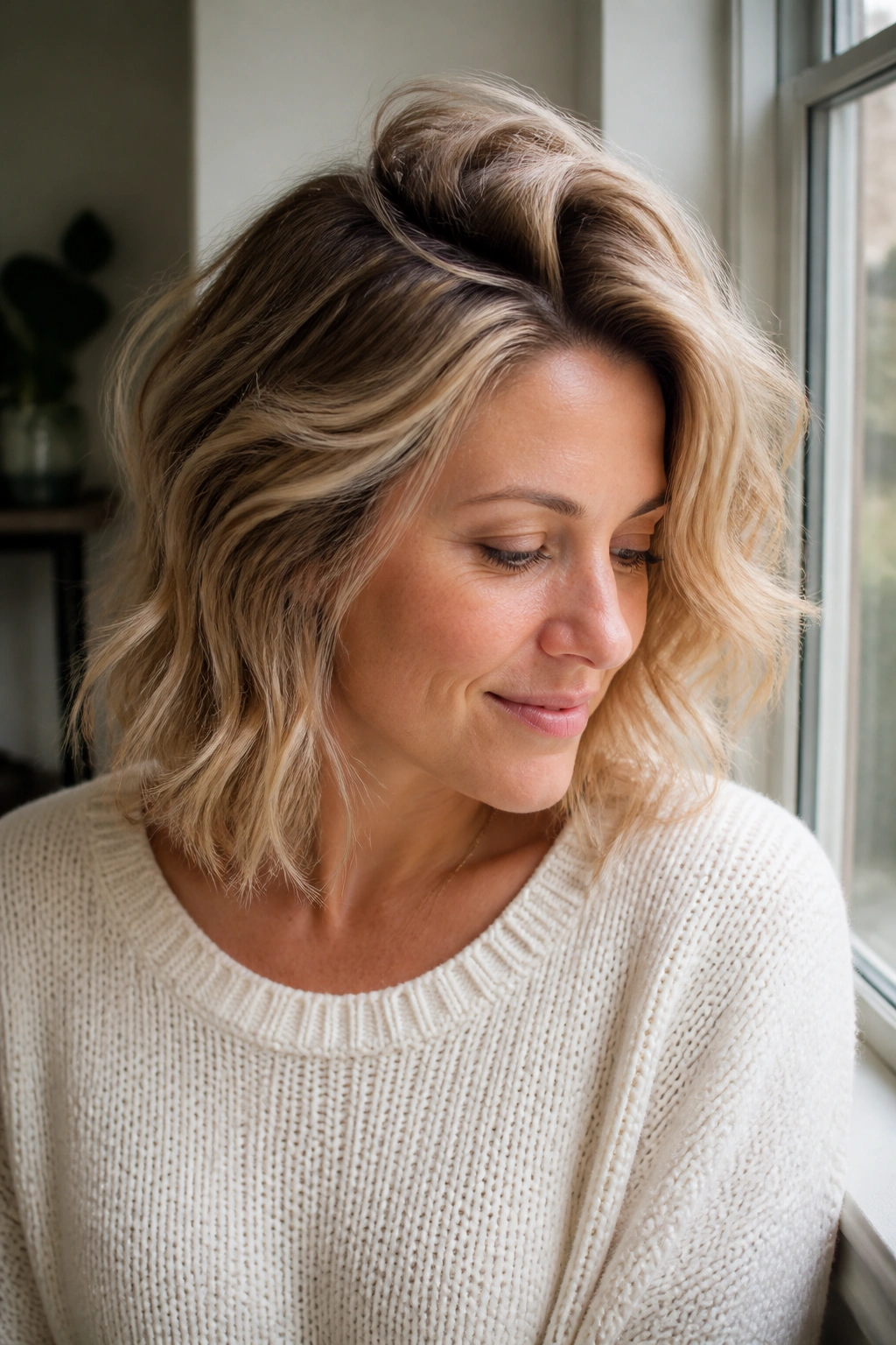 Close-up of airy waves on fine hair with crown lift